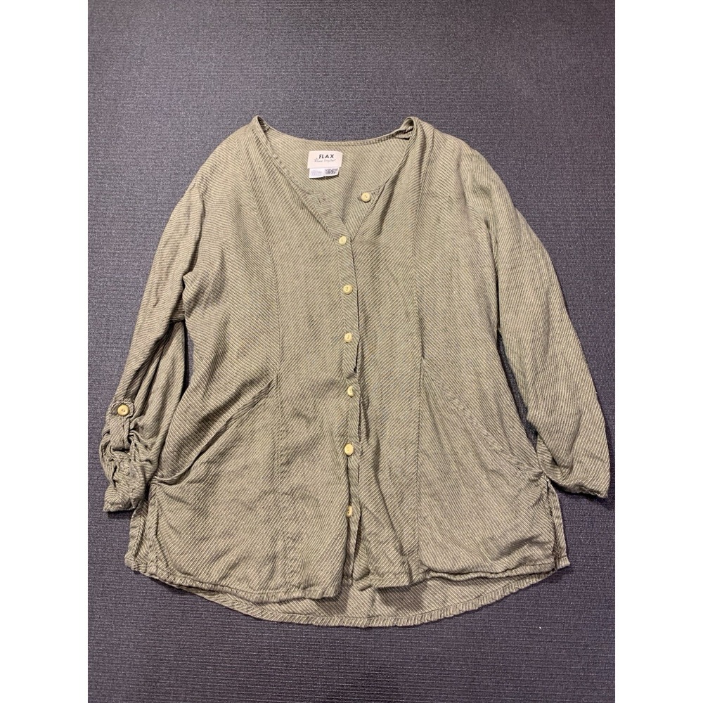 Flax Top Women Sz Small Sage Button Down 100%‎ Linen Long Sleeve Lagenlook Tunic